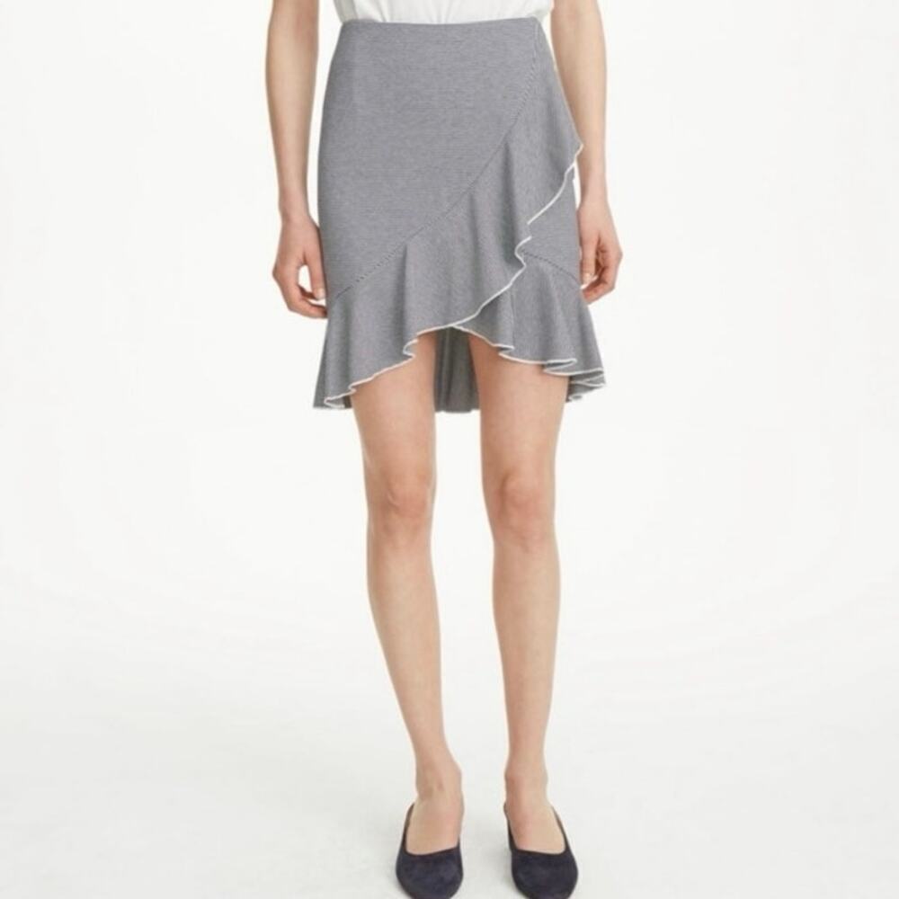 Club Monaco Debren Knit Skirt XS Navy White Stripe Asymmetrical Ruffle Hem